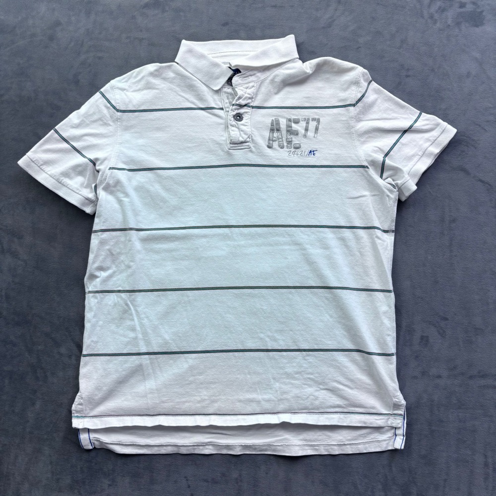 American Eagle Outfitters Mens White Striped AE 77 Graphic Polo Shirt Large